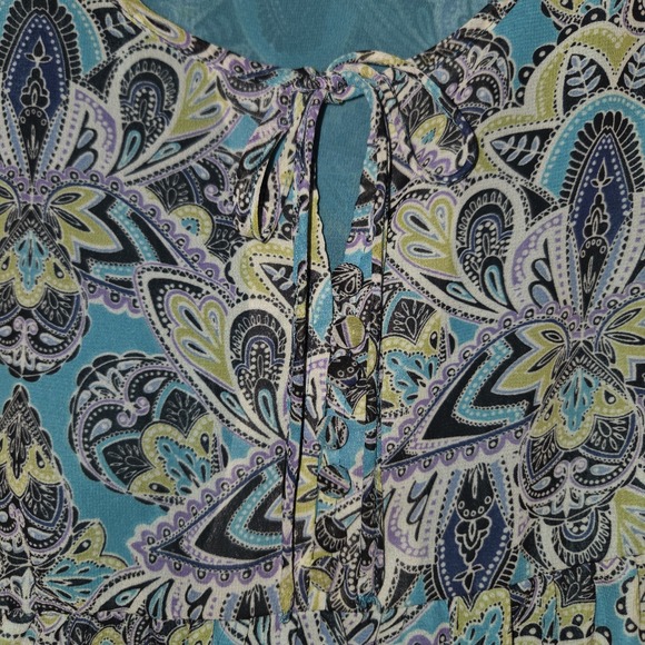 APT 9 Teal Paisley Print Blouse Tie V-Neck Top Women's XL Ruffled Short Sleeves - Picture 5 of 9